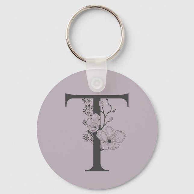 Elegant T Boho Floral Monogram Initial Lilac Gray Keychain (Front)