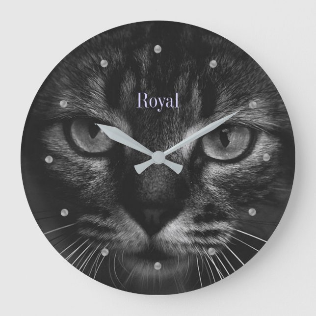 Elegant tabby cat on silver grey shades large clock (Front)