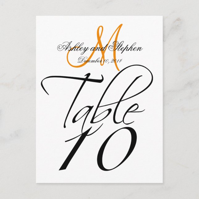 Elegant Table Number Cards Wedding WhiteTangerine (Front)