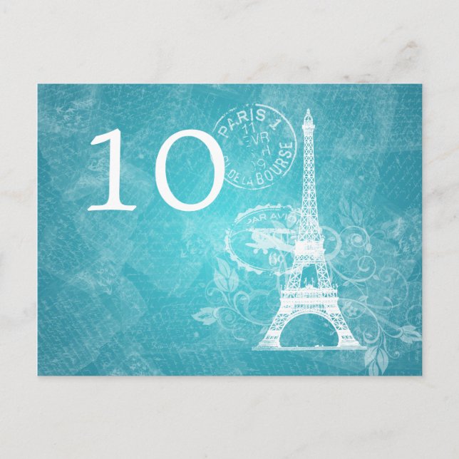 Elegant Table Number Romantic Paris Blue (Front)