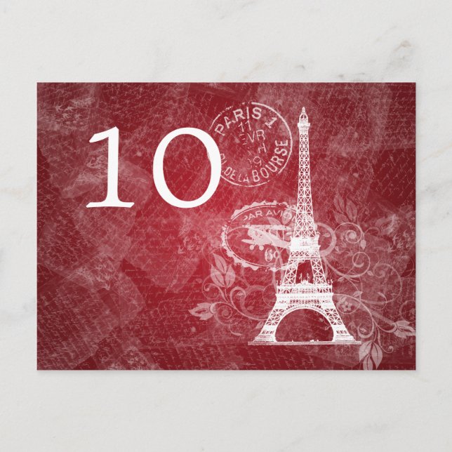 Elegant Table Number Romantic Paris Red (Front)