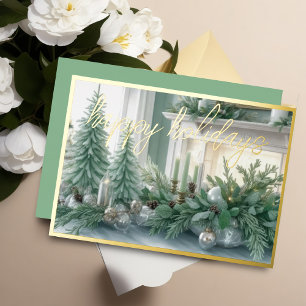 Elegant Tablescape Mint Green Evergreen Foil Holiday Card