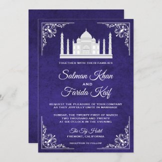 Elegant Taj Mahal Royal Purple and Silver Wedding Invitation