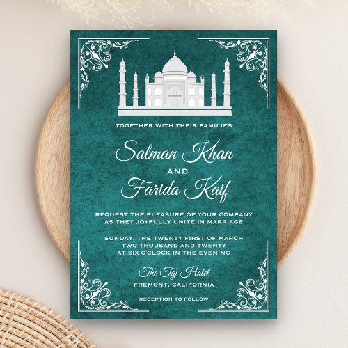 Elegant Taj Mahal Teal Arabian Wedding Invitation