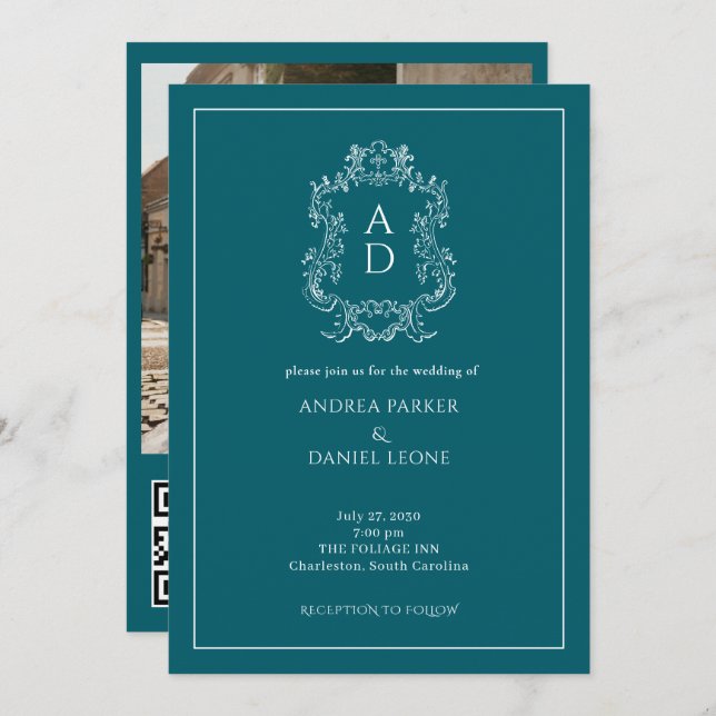 Elegant Tale Blue Engagement Party QR Code Photo Invitation (Front/Back)