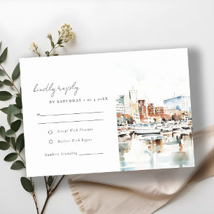 Elegant Tampa Florida Skyline Watercolor Wedding RSVP Card