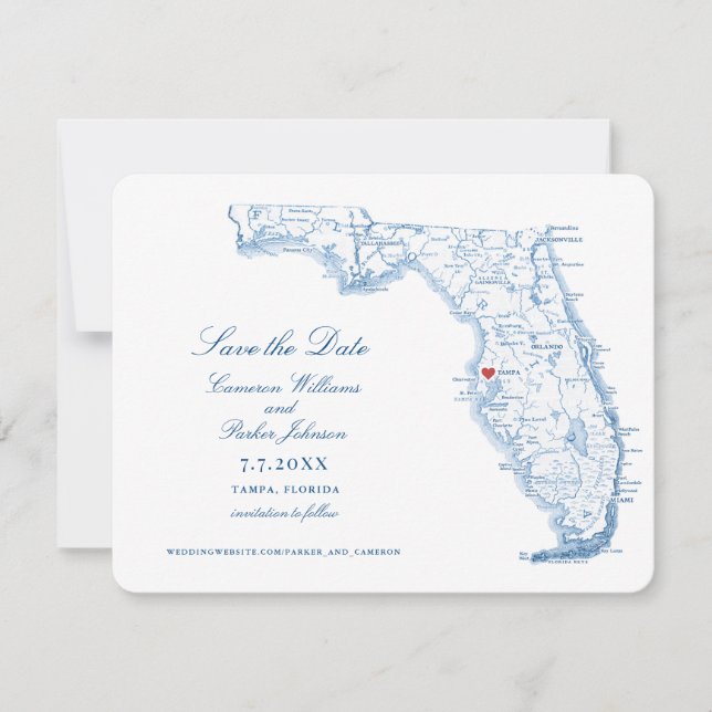 Elegant Tampa Florida Wedding Navy Map Save The Date (Front)