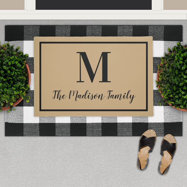 Elegant Tan Black Custom Monogram Initial Doormat