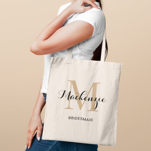 Elegant Tan Black Custom Wedding Bridesmaid Name Tote Bag