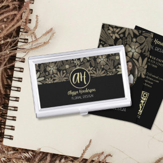Elegant Tan & Black Floral Modern Logo Business Card Case