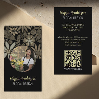 Elegant Tan & Black Floral Photo QR Code Logo Business Card