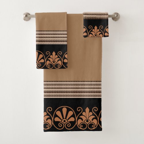 Elegant Tan  Black Greek Design Bath Towel Set