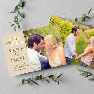 Elegant Tan Botanical Sprig Photo Wedding Save The Date