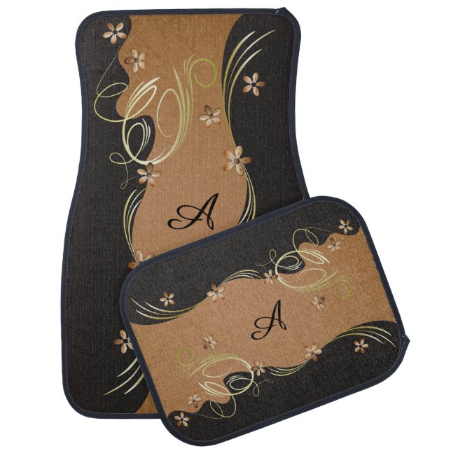 Elegant Tan Brown Floral Monogram Car Floor Mat (Set)