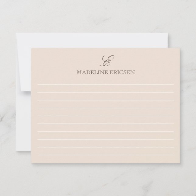 Elegant Tan Brown Monogram Lined Note Card (Front)