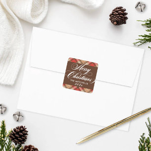 Elegant Tan Brown Tartan Merry Christmas Name Square Sticker