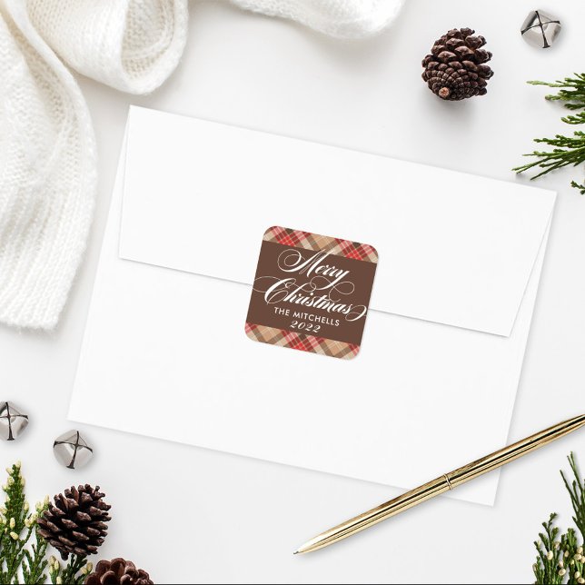 Elegant Tan Brown Tartan Plaid Merry Christmas Square Sticker (Creator Uploaded)