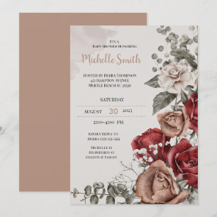 Elegant Tan Burgundy  Floral Baby Shower   Invitation