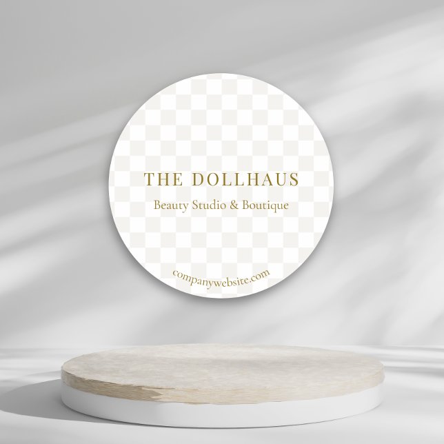 Elegant Tan Checkered Gold Boutique Event Display Classic Round Sticker (Creator Uploaded)