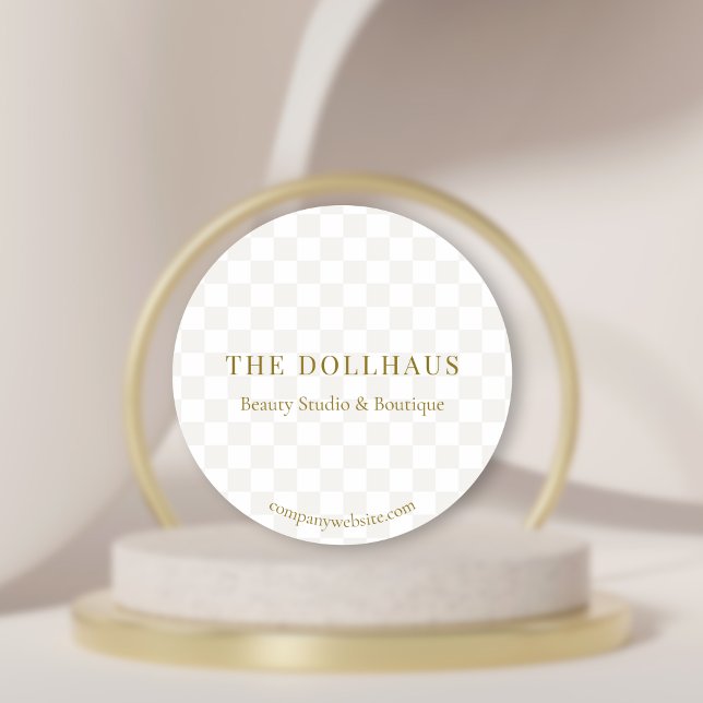 Elegant Tan Checkered Gold Boutique Event Display Classic Round Sticker (Creator Uploaded)