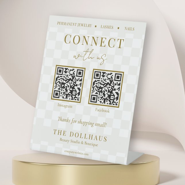 Elegant Tan Checkered Gold Connect With Us QR Code Pedestal Sign (Creator Uploaded)