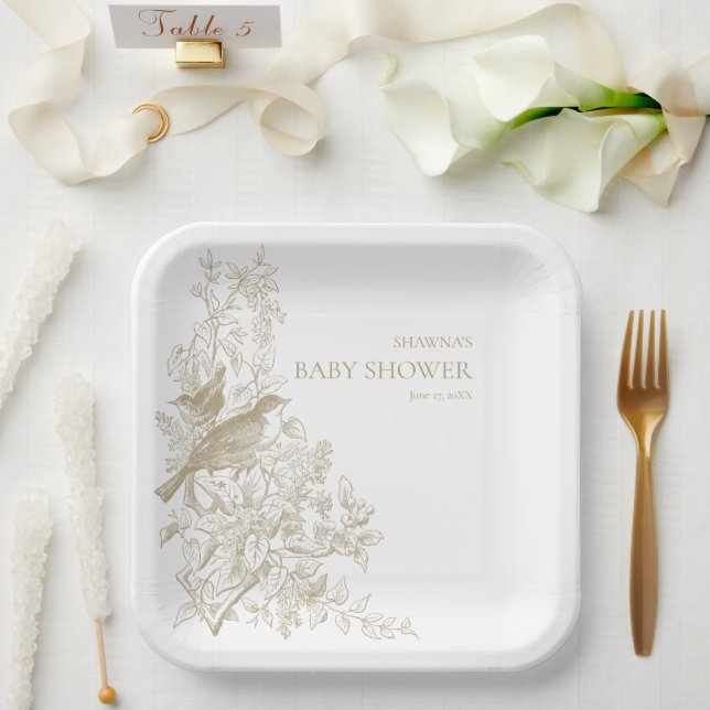 Elegant Tan Chinoiserie Nature Birds Baby Shower Paper Plates (Wedding)