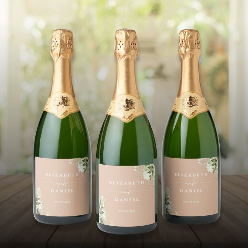 Elegant Tan Floral Greenery Wedding Sparkling Wine Label