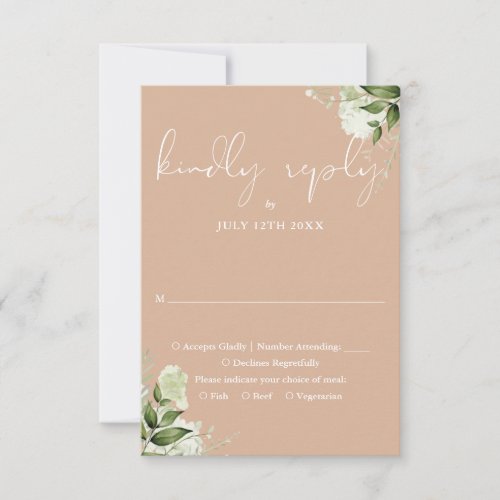 Elegant Tan Greenery Floral Wedding RSVP Card