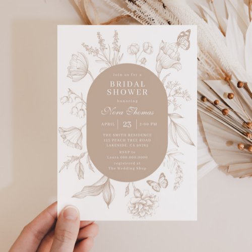 Elegant Tan Line Art Floral Bridal Shower Invitation