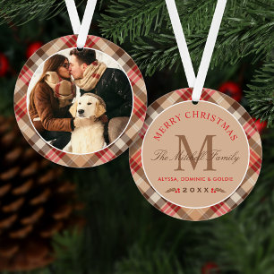 Elegant Tan Tartan Plaid Christmas Monogram Ornament