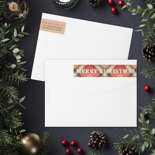 Elegant Tan Tartan Plaid Merry Christmas Address Wrap Around Label