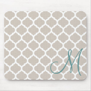 Elegant tan trellis pattern. Teal monogram Mouse Pad