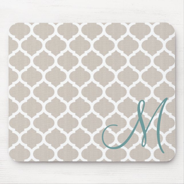 Elegant tan trellis pattern. Teal monogram Mouse Pad (Front)