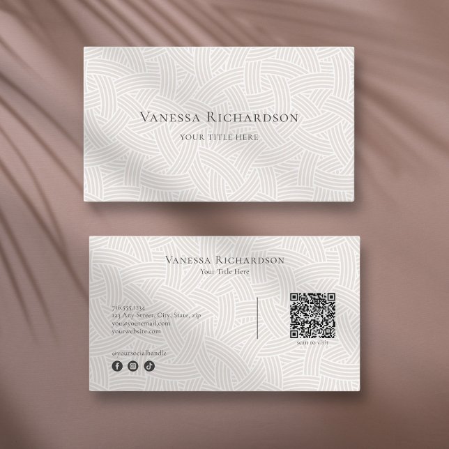 Elegant Tan Woven Geometric QR Code Social Business Card (Creator Uploaded)