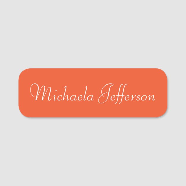 Elegant Tangerine Orange Unique Calligraphy Name Tag (Front)