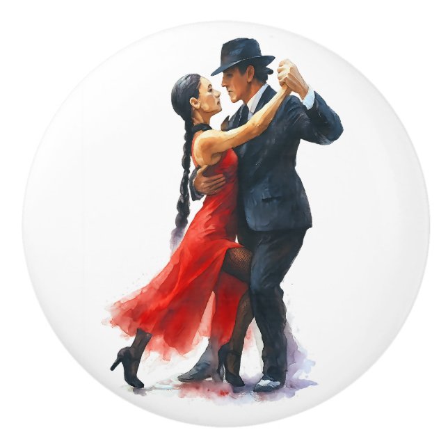 Elegant Tango Dance Couple in Red and Black Ceramic Knob (Front)
