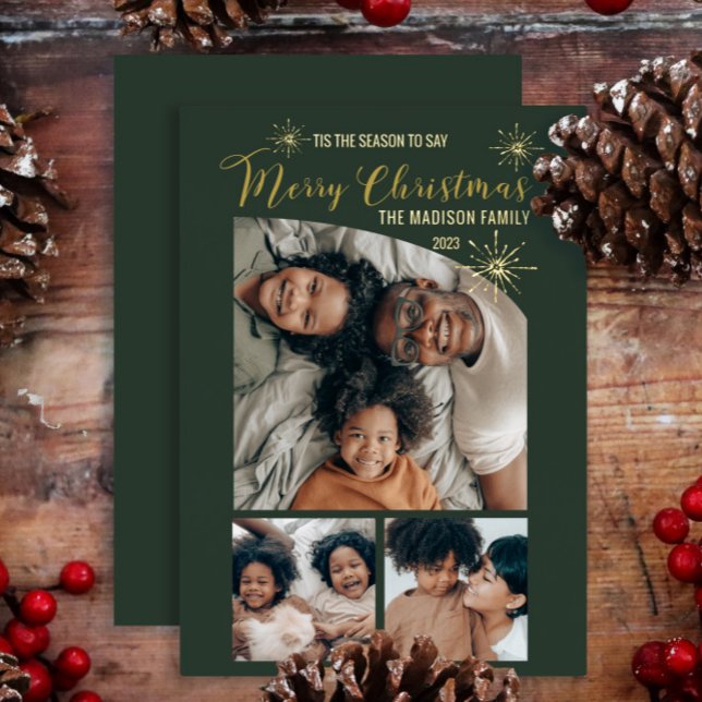 Elegant Tapered Top 3 Photo Merry Christmas   Foil Holiday Card (Say "Merry Christmas" in unique, elegant style with 3-photo gold foil cards.  Top tapered photo!)