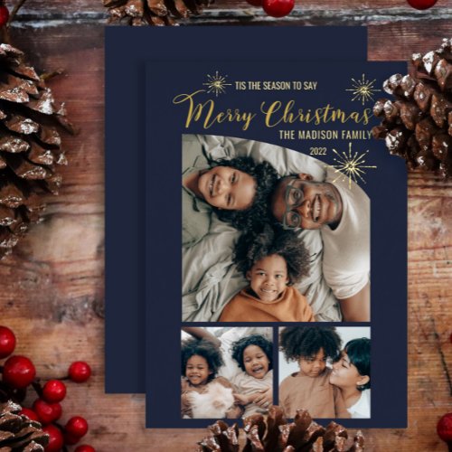 Elegant Tapered Top 3 Photo Merry Christmas   Foil Holiday Card