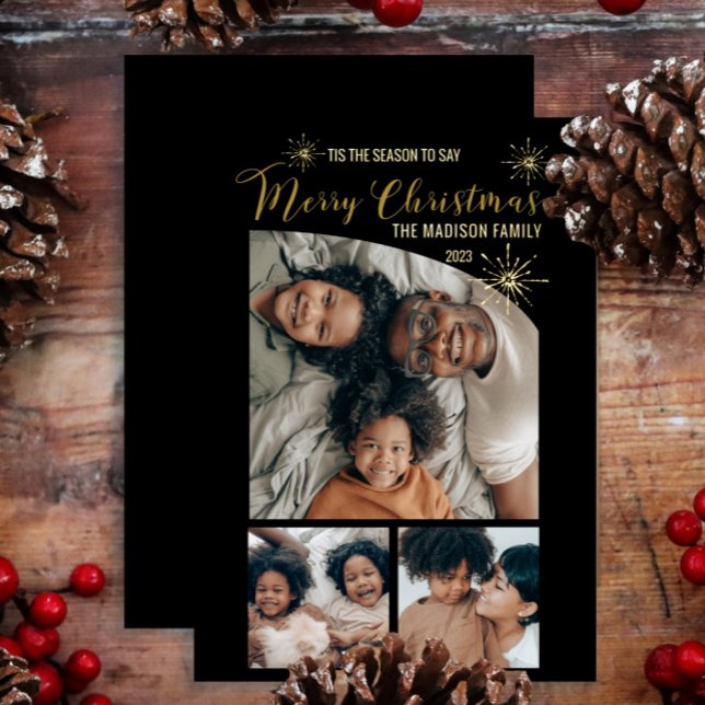 Elegant Tapered Top 3 Photo Merry Christmas   Foil Holiday Card (Say "Merry Christmas" in unique, elegant style with 3-photo gold foil cards.  Top tapered photo!)