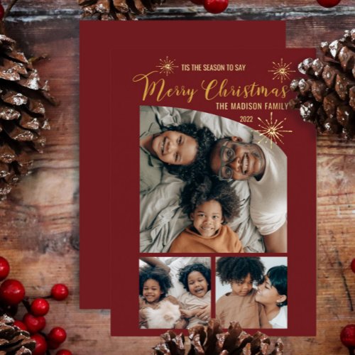 Elegant Tapered Top 3 Photo Merry Christmas  Foil Holiday Card