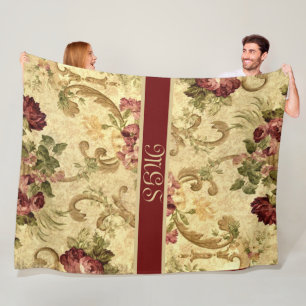 Elegant Tapestry Style Monogram with Roses Fleece Blanket
