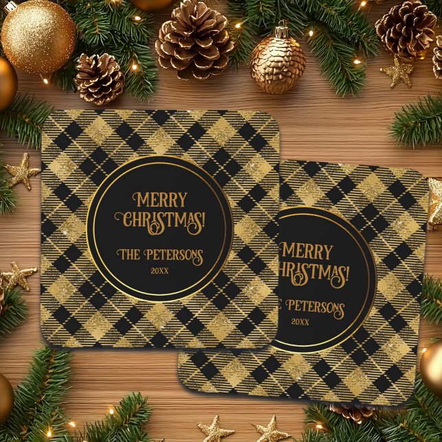 Elegant Tartan Black Gold Glitter Beverage Coaster (Creator Uploaded)