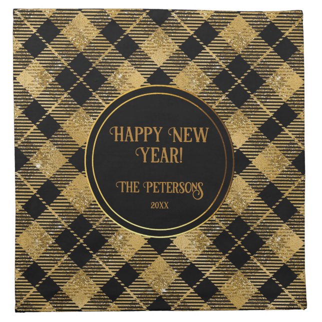 Elegant Tartan Black Gold Glitter Cocktail Cloth Napkin (Front)