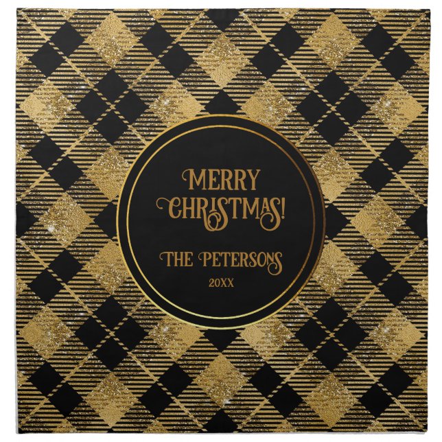 Elegant Tartan Black Gold Glitter Dinner Cloth Napkin (Front)