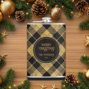 Elegant Tartan Black Gold Glitter  Flask