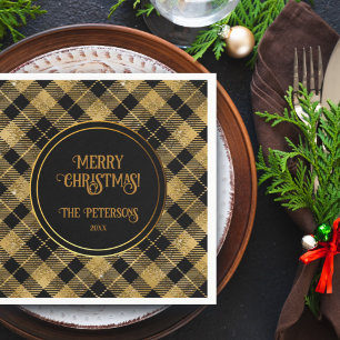 Elegant Tartan Black Gold Glitter Napkins
