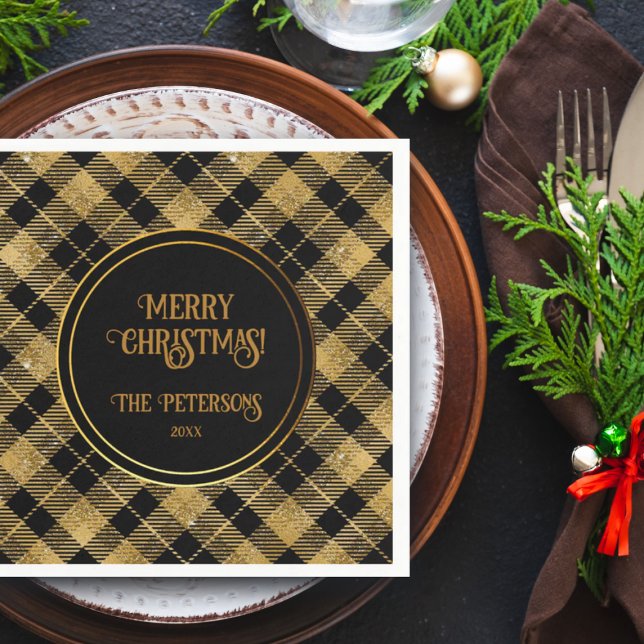 Elegant Tartan Black Gold Glitter Napkins (Creator Uploaded)