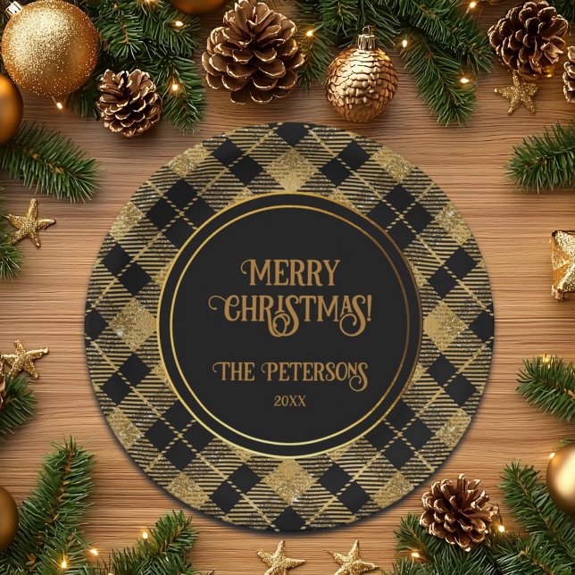 Elegant Tartan Black Gold Glitter Paper Plates (Creator Uploaded)