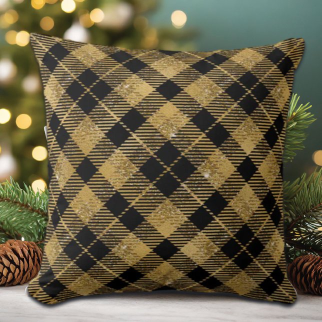 Elegant Tartan Black Gold Glitter Throw Pillow (Creator Uploaded)