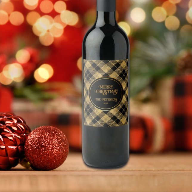 Elegant Tartan Black Gold Glitter Wine Label (Creator Uploaded)